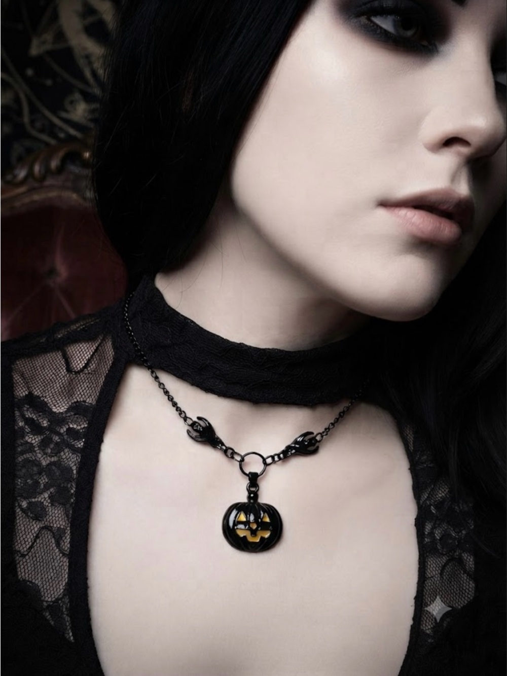 Hand Crafted Black Pumpkin Pendant Necklace With Bats - Picture 2 of 4